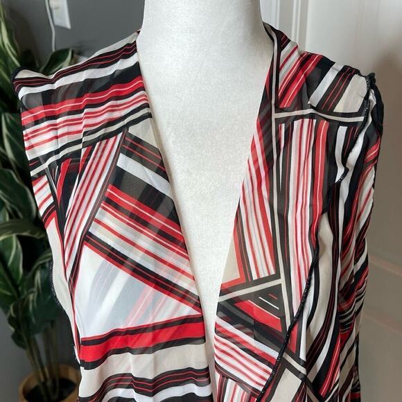 Chicos Long Open Vest Size 1 Womens Small Sheer Black Red Tan Stretch Back MED - Picture 7 of 14